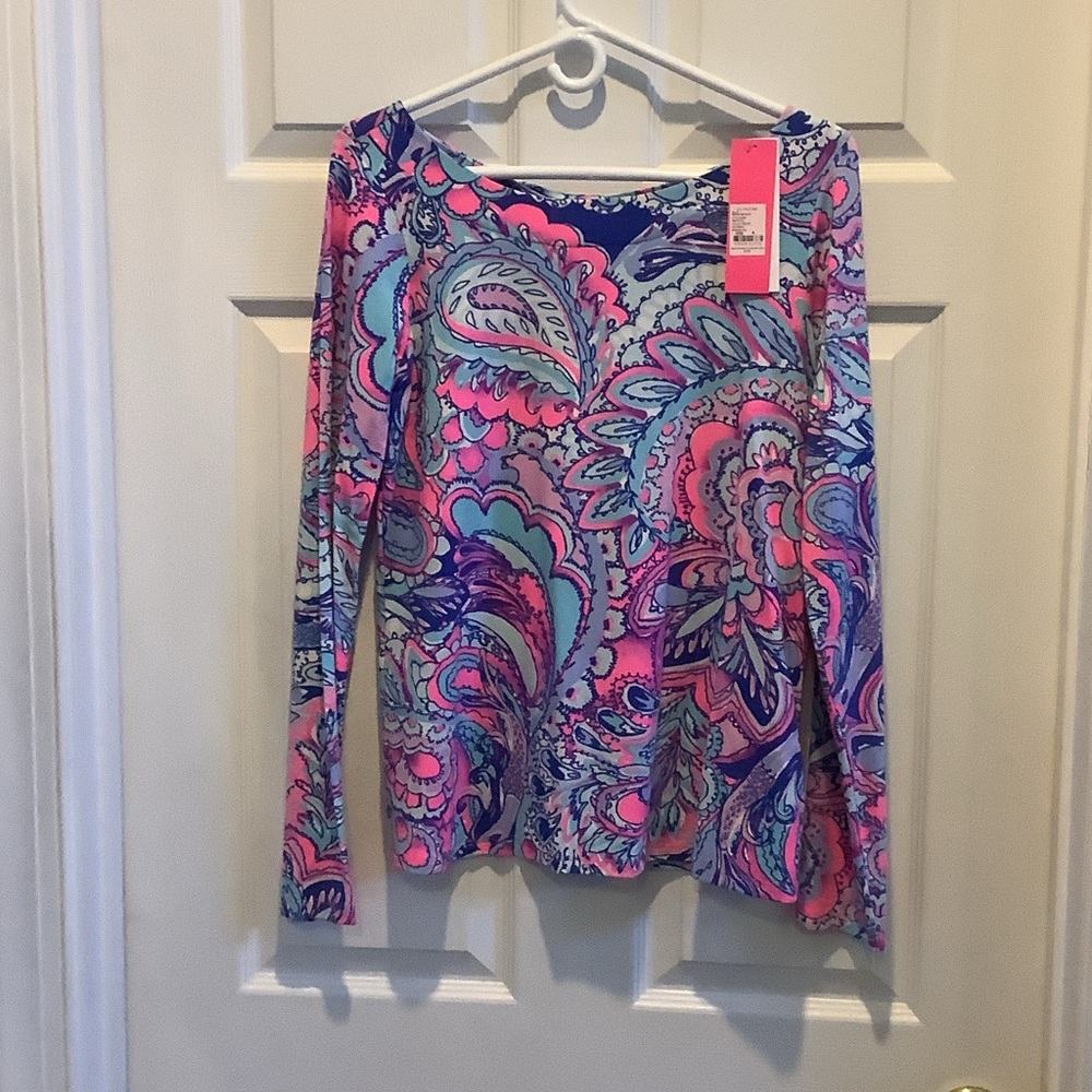 Lilly Pulitzer Pink and Blue Paisley Long Sleeve Tristan Top, Pink Tropics,